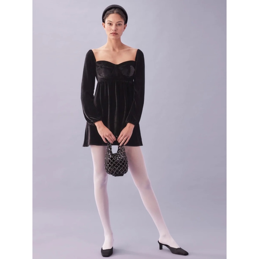 Reformation Chestnut Black Velvet Puff Sleeve Sweetheart Neckline Dress sz 12